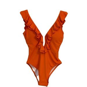 Michael Kors One Piece Bathing Suit Ruffles Sexy Back V-Neck Orange Size 8